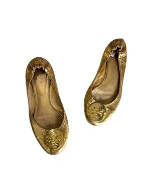 Tory Burch Gold Python Leather Logo Ballet Flats with Gold Emblem